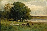Edward Mitchell Bannister Wall Art - cattle near river with sailboat in distance